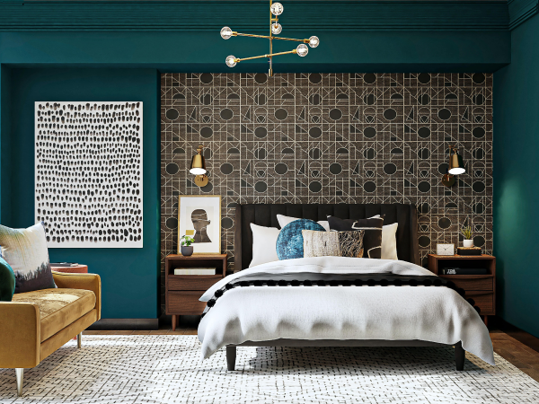 dark green bedroom walls with modern bedding