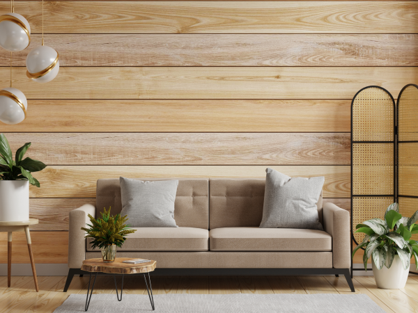 light wood and sandy coloured livingroom decor