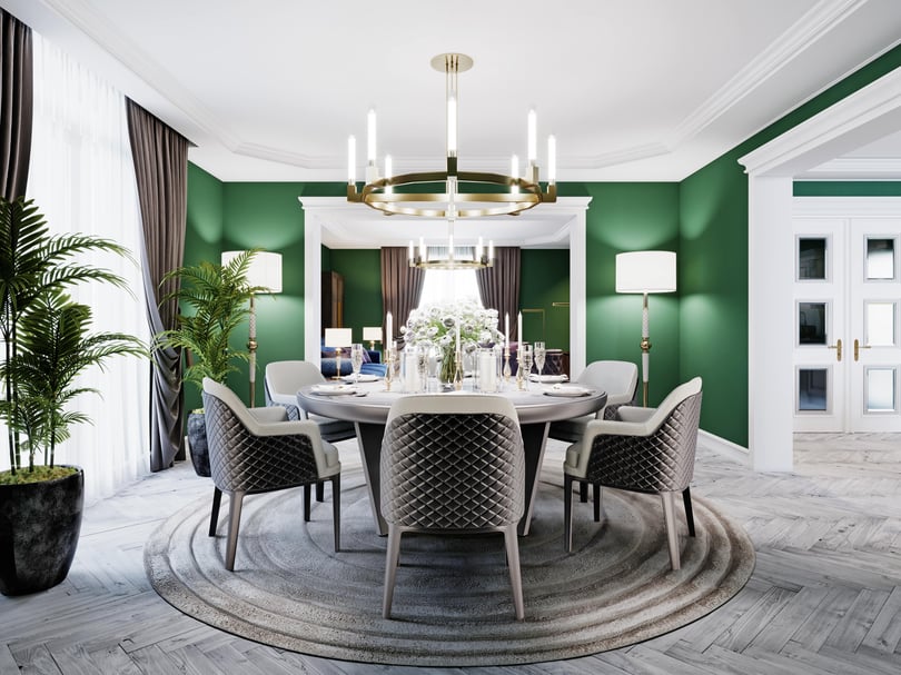 green and grey dining room
